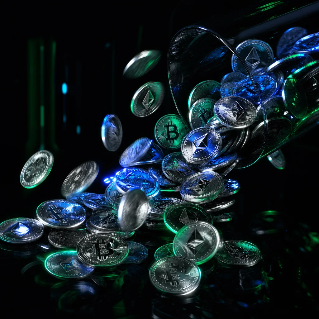 Neon crypto coins arranged in geometric grid pattern